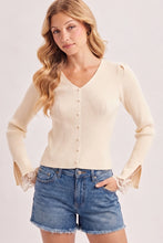 Load image into Gallery viewer, 6358-Lace Cuff Ribbed Knit V-Neck Top-ECRU
