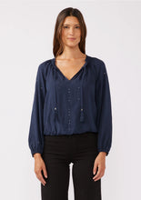 Load image into Gallery viewer, 5440-Sequin Long Sleeve Tassel Tie Neck Blouse-MIDNIGHT NAVY
