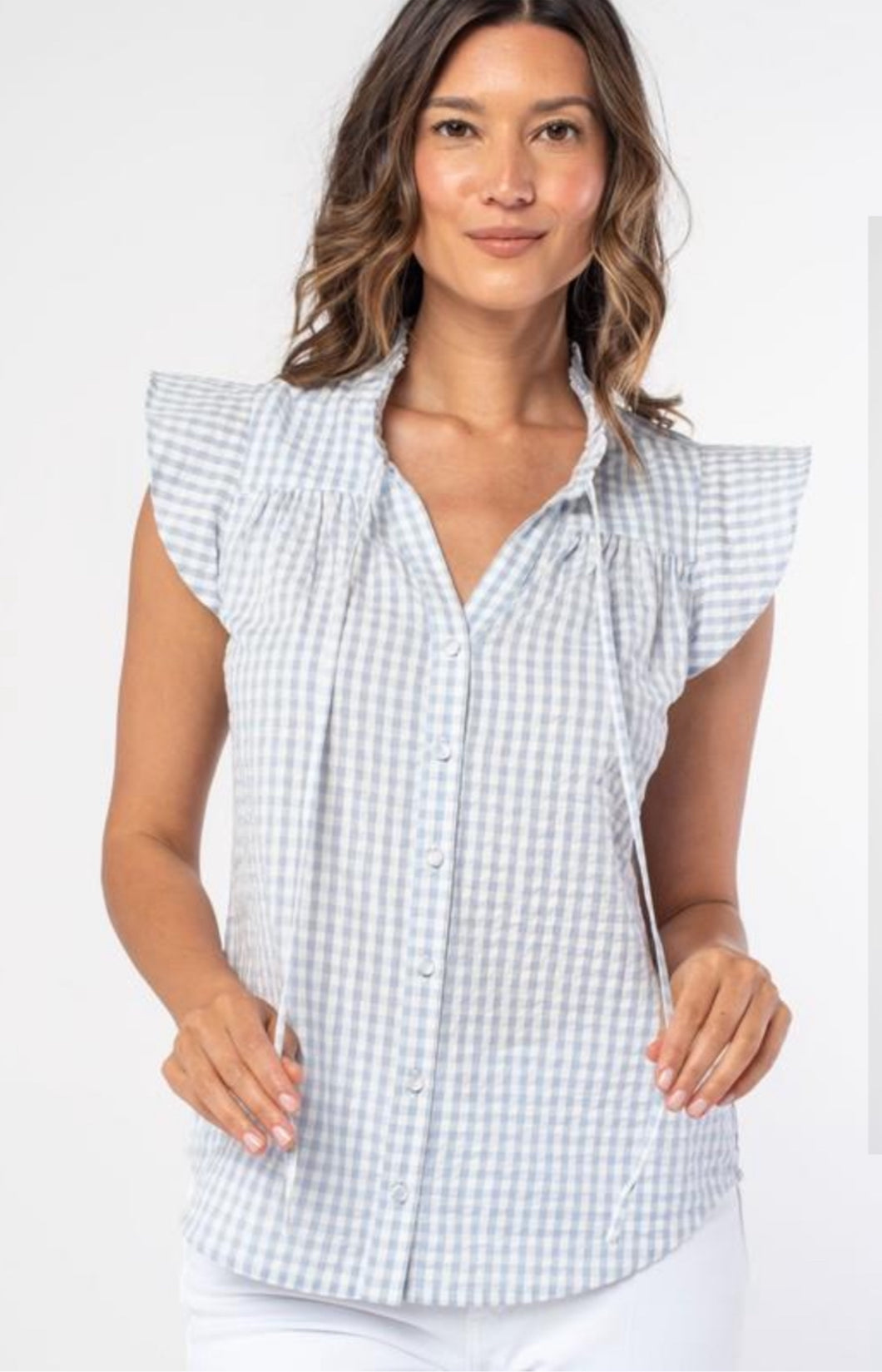 5052- GINGHAM SS RUFFLE BUTTON TOP-BLUE/WHT
