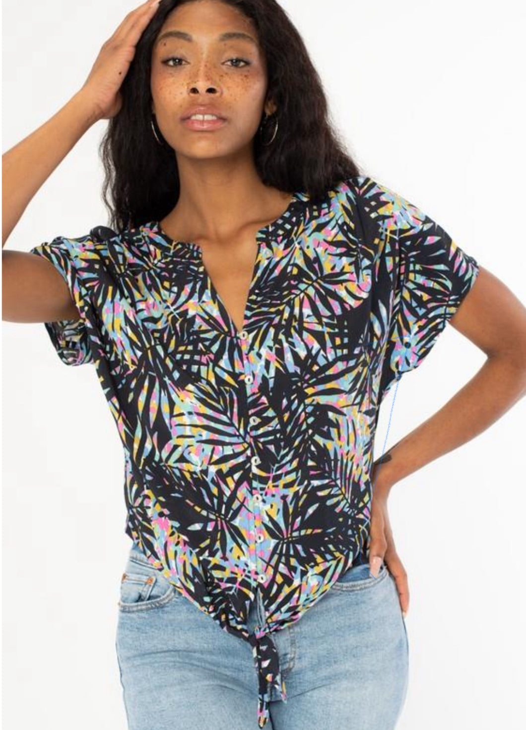 5056- BUTTON UP SS TOP W/FRONT TIE-BLK/BLU