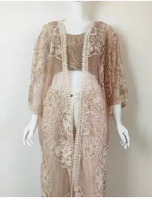 Load image into Gallery viewer, 6128- Contrast Mesh Cotton Lace Longline Kimono-MOCHA
