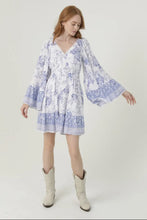 Load image into Gallery viewer, 6081- V Neck Wide Sleeve Floral Print Dress-BLU/WHT
