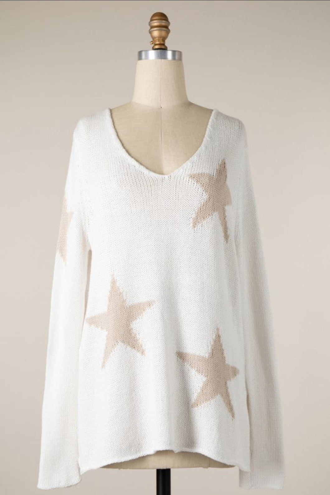 4747-Scattered Star Soft Knit V Neck Sweater Top -TAN