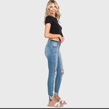 Load image into Gallery viewer, 4138- PETRA153-Distressed Mid Rise Ankle Skinny Jeans w/ Frayed Hem
