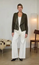 Load image into Gallery viewer, 6456- Mixed Media Faux Leather Draped Jacket-OLIVE
