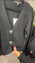 Load image into Gallery viewer, 5574-V-neckline Rhinestone Bow Cardigan-black
