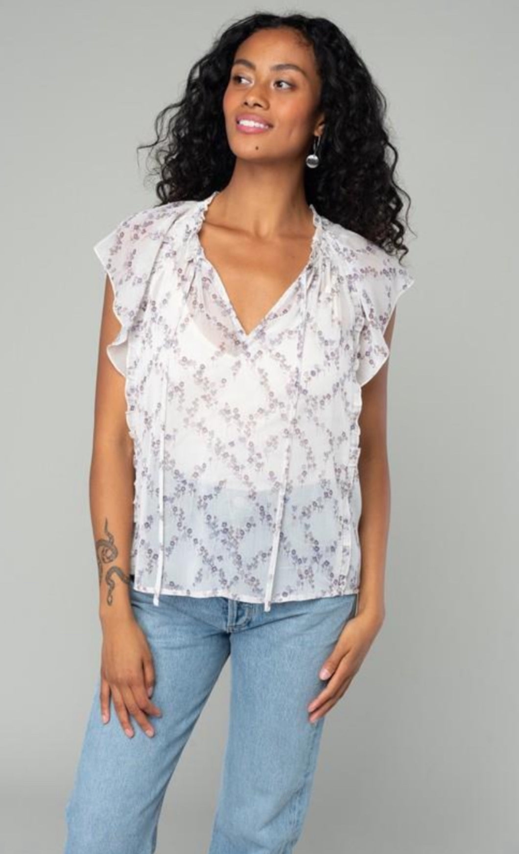 5048- FLUTTER SLEEVE RUFFLE TOP-IV/PLUM