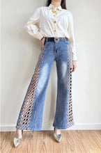 Load image into Gallery viewer, 6533- Lattice Rhinestone Wide Leg Jeans
