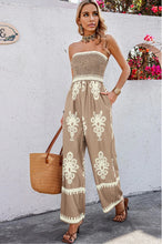 Load image into Gallery viewer, 4415-Off Shoulder Ruched Printed Jumpsuit -KHAKI
