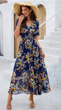 Load image into Gallery viewer, 4522-Floral Print High Waist Band Fit Lined Dress-NAVY
