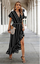 Load image into Gallery viewer, 4614-Strip Knot Belt Split V Neck Hem Ruffle Fit Dress
