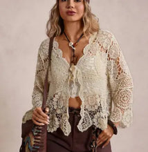 Load image into Gallery viewer, 6178- Boho Crochet Lace Cutout CARDIGAN-BEIGE
