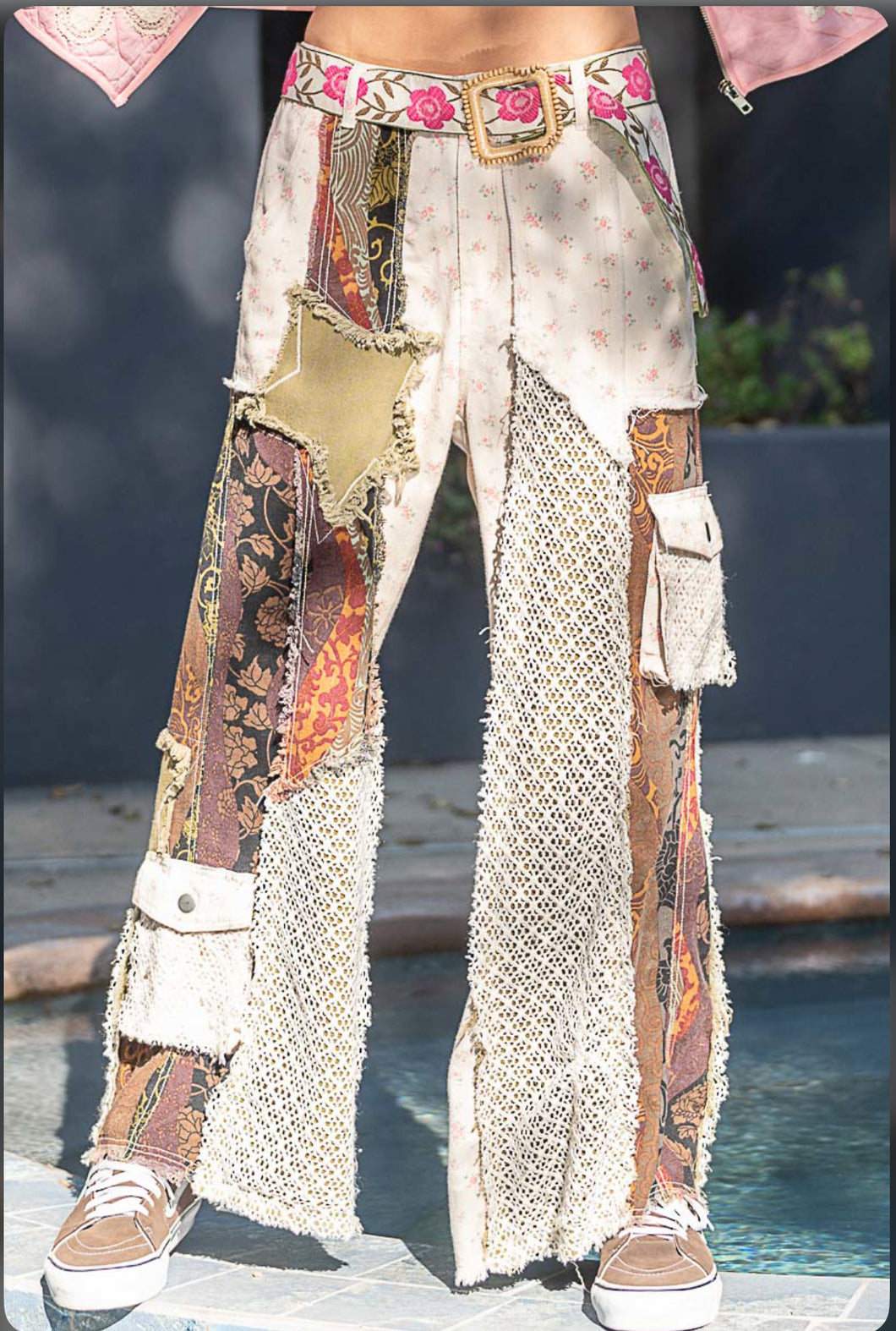 4662- POL- PATCHWORK PANTS-CREAM