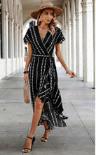 Load image into Gallery viewer, 4614-Strip Knot Belt Split V Neck Hem Ruffle Fit Dress
