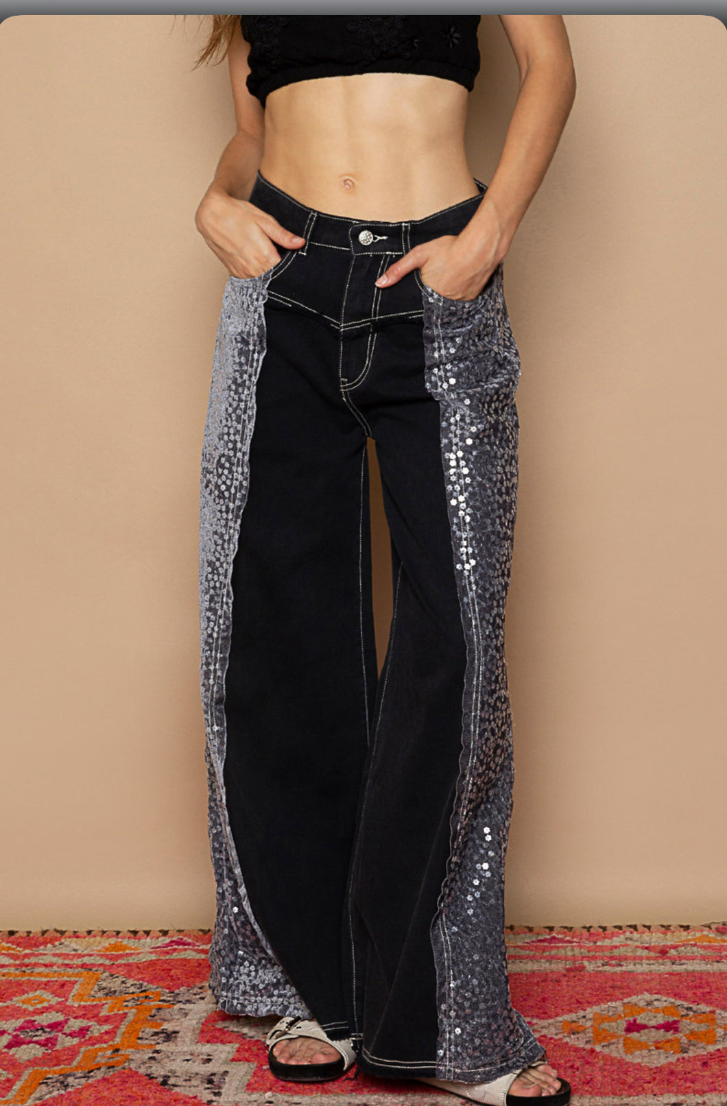 4663- POL SEQUIN PATCH PANTS-BLACK