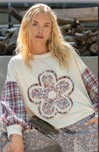 Load image into Gallery viewer, 4660-  POL FLOWER PATCH PLAID SLEEVE TOP-CREAM
