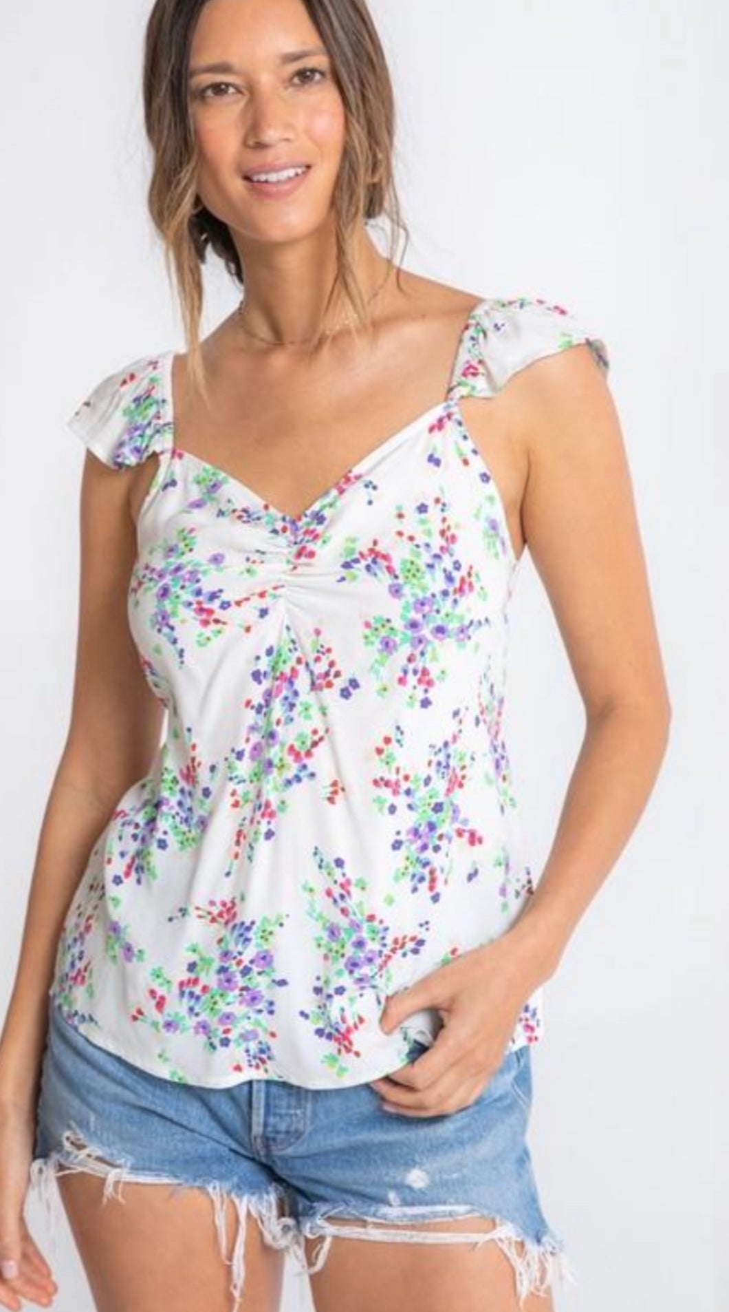 5054- FLUTTER SLEEVE TOP W/ BACK TIE-IV/VIOLET