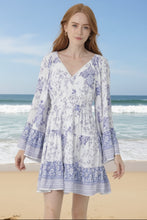 Load image into Gallery viewer, 6081- V Neck Wide Sleeve Floral Print Dress-BLU/WHT
