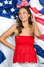 Load image into Gallery viewer, 6195- Scalloped Eyelet Lace Ruffle Detail Smocked Tube Top -RED
