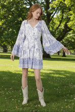 Load image into Gallery viewer, 6081- V Neck Wide Sleeve Floral Print Dress-BLU/WHT
