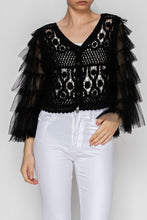 Load image into Gallery viewer, 6431- Dreamy Crochet Tulle Tiered Sleeved Cardigan- BLACK
