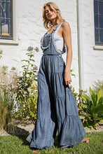 Load image into Gallery viewer, 4848-Lace Trim Tiered Sleeveless Denim Jumpsuit
