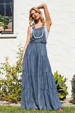 Load image into Gallery viewer, 4848-Lace Trim Tiered Sleeveless Denim Jumpsuit
