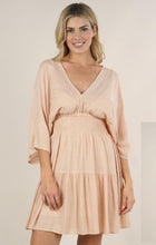 Load image into Gallery viewer, 5035- PRINT KIMONO SLEEVE SMOCKED WAIST DRESS-PEACH
