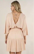Load image into Gallery viewer, 5035- PRINT KIMONO SLEEVE SMOCKED WAIST DRESS-PEACH
