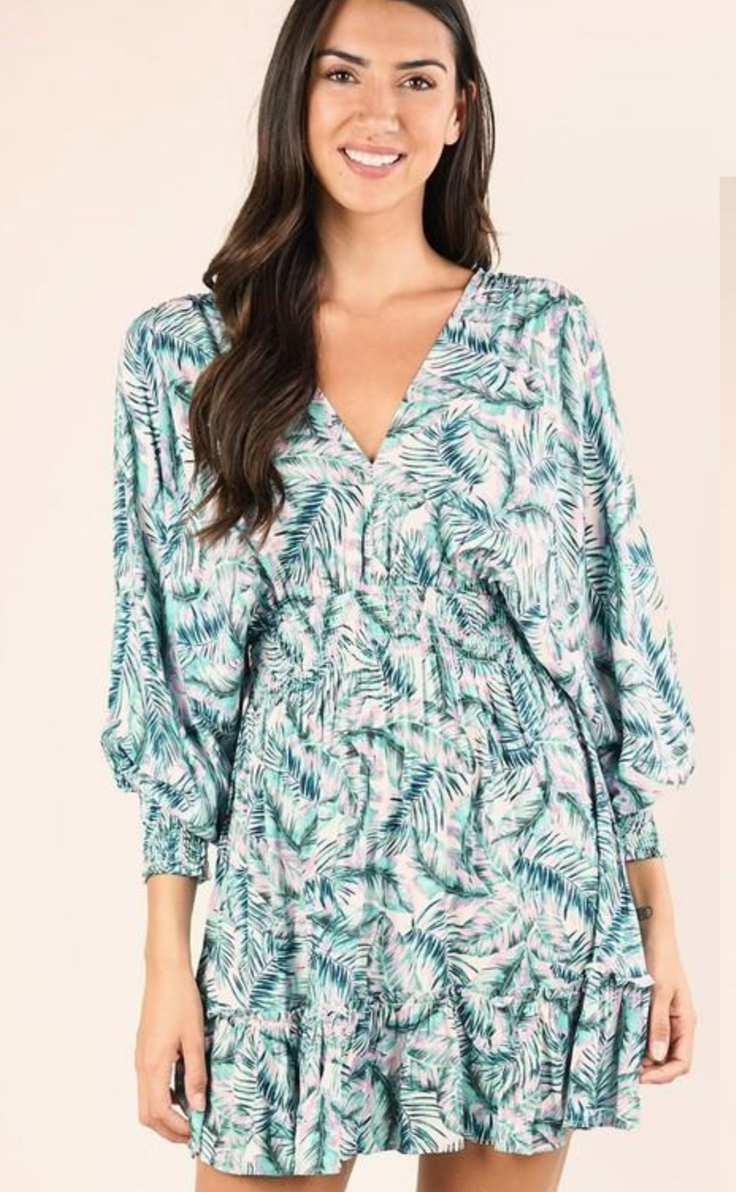 5034- PRINTED SPLIT SLEEVE SMOCK WAIST DRESS-MINT