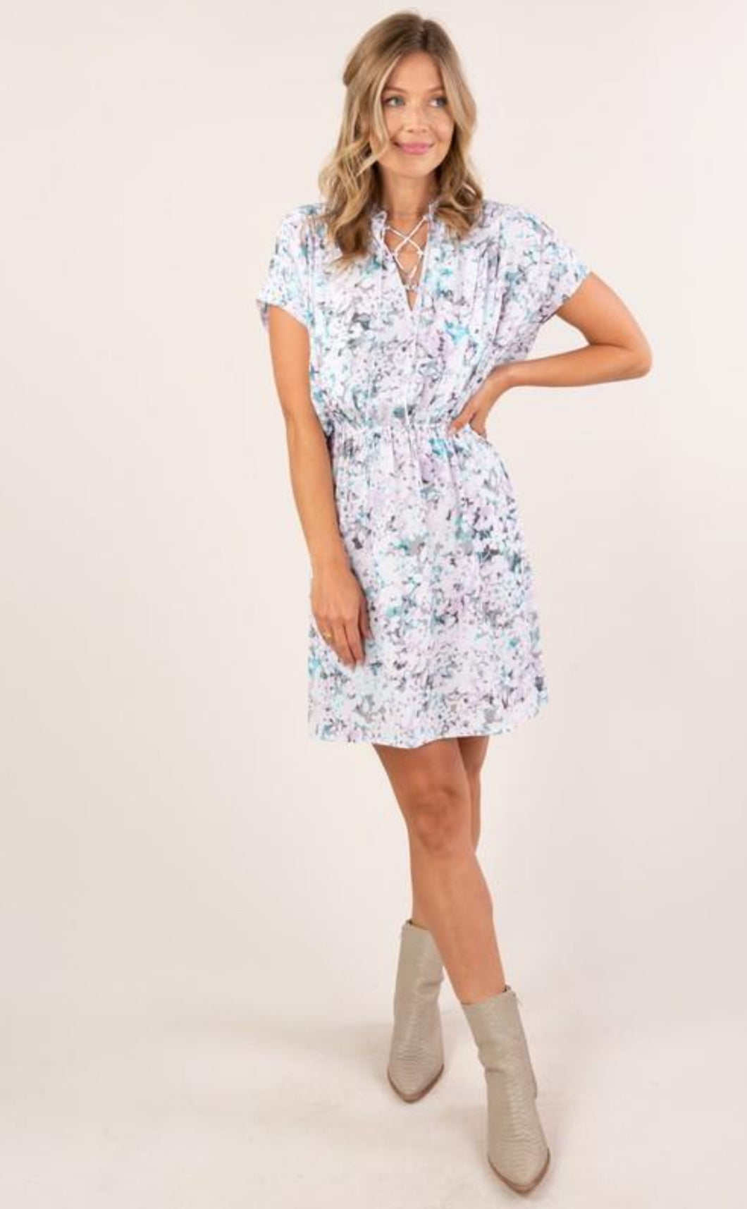 5036- PRINTED LACE UP RESS-LAVENDER/AQUA