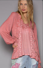 Load image into Gallery viewer, 4267-POL Long sleeve floral lace crochet detail v-neck top -GUAVA
