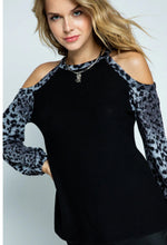 Load image into Gallery viewer, 5493-Cold Shoulder Long Sleeve Knit Top-BLK/GREY
