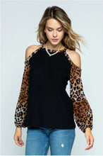 Load image into Gallery viewer, 5492- Cold Shoulder Long Sleeve Knit Top-BLK/BROWN
