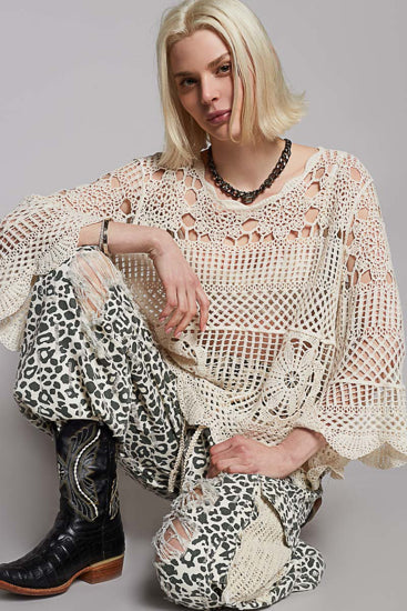 5593-POL Crochet round neck top-NATURAL