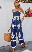 Load image into Gallery viewer, 4414-Off Shoulder Ruched Printed Jumpsuit -NAVY
