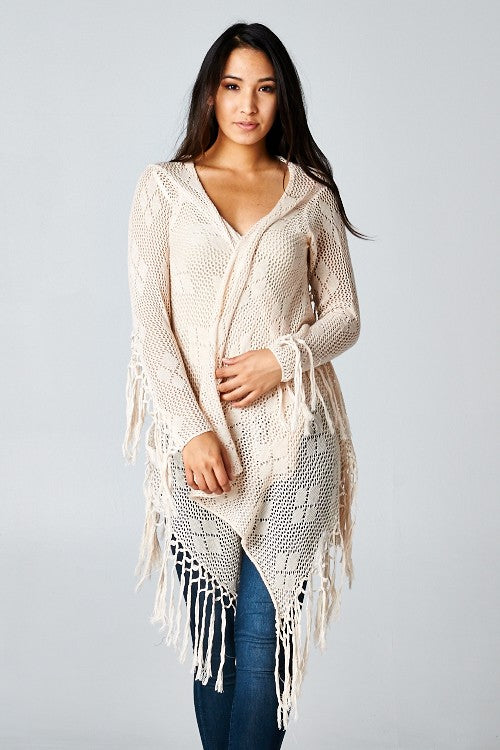 4056-Crochet Knit Fringe Hem Cardigan