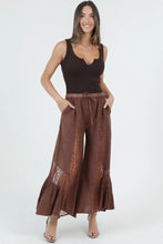Load image into Gallery viewer, 6593- AcidWash Lace Panel Wide Leg Pants-DRK BROWN
