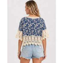 Load image into Gallery viewer, 6412- Boho Embroidery Lace Tie-Neck Tassel Blouse
