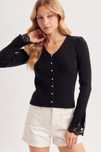 Load image into Gallery viewer, 6357-Lace Cuff Ribbed Knit V-Neck Top-BLACK
