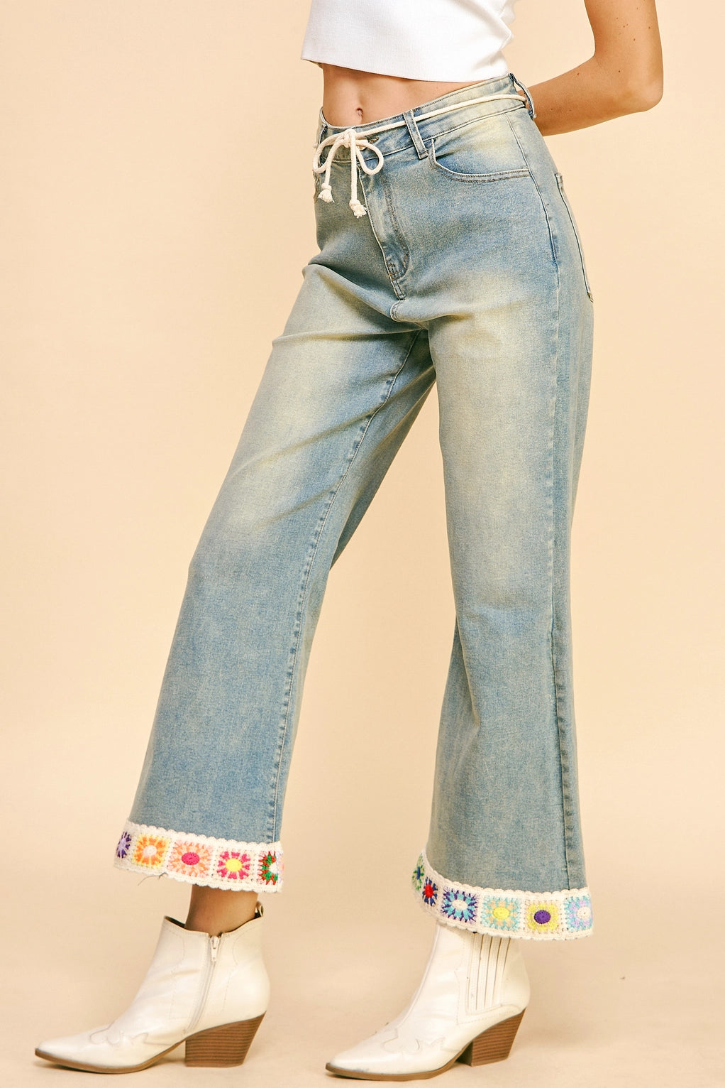 5233-Crochet Trim Straight Leg Denim Jeans