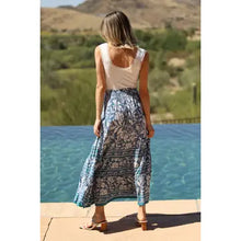 Load image into Gallery viewer, 6252-Printed Maxi Skirt with Slit and Smocked Waist-BLUE
