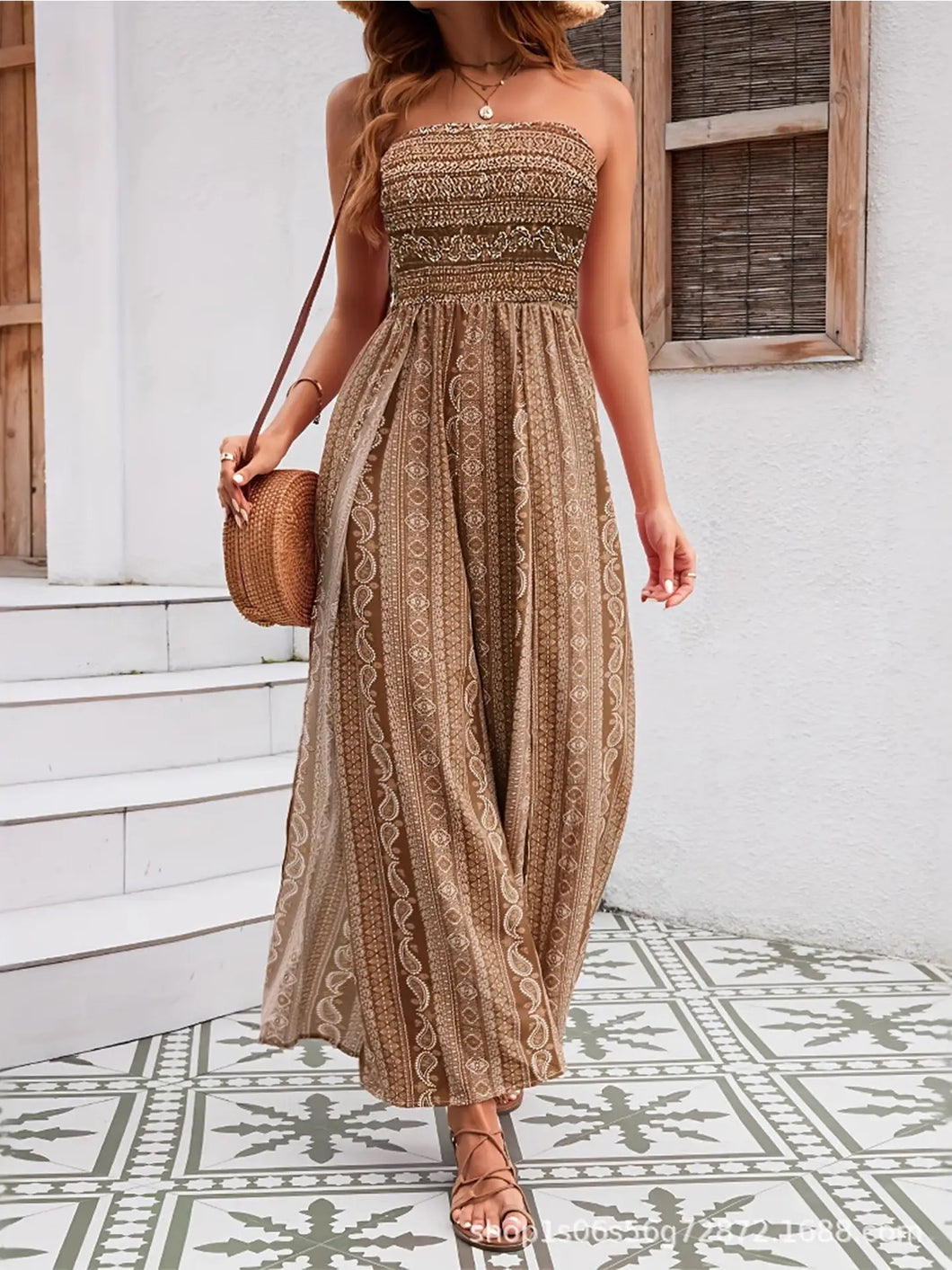 5148-Printed Strapless Wide Leg Jumpsuit For Women