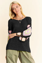 Load image into Gallery viewer, 5232-Crochet Multi Colored Granny Sleeve Sweater Top-BLACK
