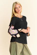 Load image into Gallery viewer, 5232-Crochet Multi Colored Granny Sleeve Sweater Top-BLACK
