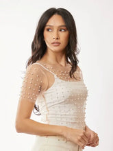 Load image into Gallery viewer, 5231-Bead and Pearl Embellished Short Sleeves Mesh Top-NUDE

