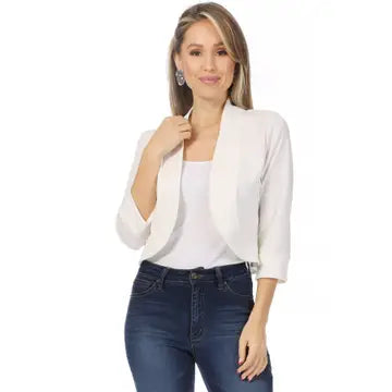 4477-Women's 3/4 Sleeve Bolero Open Front Cardigan-WHITE