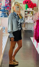Load image into Gallery viewer, 6487- Denim Ruffled Button Down Long Sleeve Top
