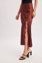 Load image into Gallery viewer, 6368- Romantic Satin Lace Trimmed Split Midi Skirt-BROWN/MAROON
