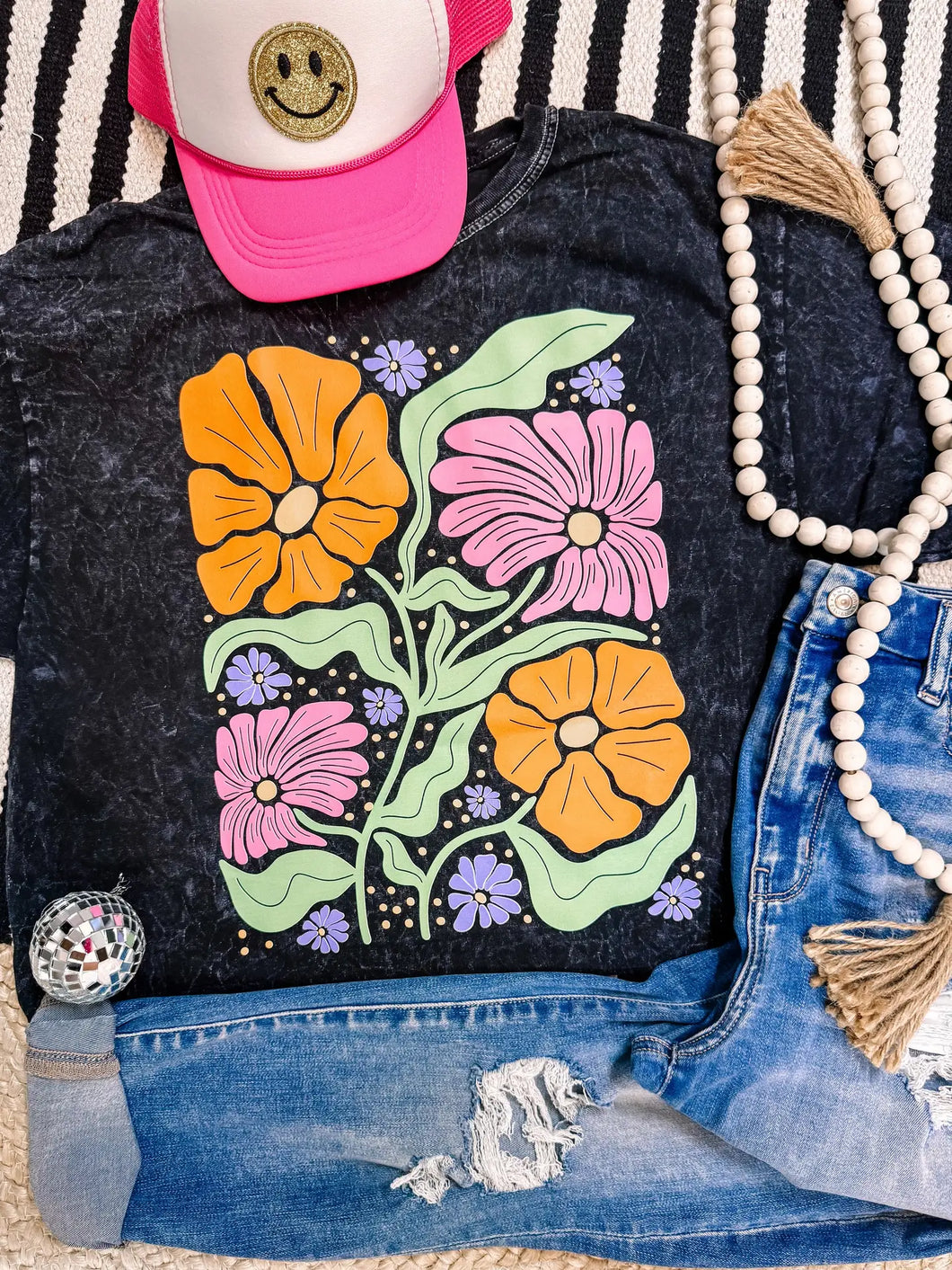 5208-Acid Wash Floral Patchwork Boho Graphic Tee